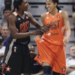 East's Crystal Langhorne, left, of the Washington Mystics, left, and West's Candace Parker, of the Los Angeles Sparks, joke around during the second half of the WNBA All-Star basketball game in Uncasville, Conn., Saturday, July 27, 2013. The West won 102-98. Parker was named MVP. (AP Photo/Jessica Hill)
