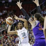 Seattle Storm's Tanisha Wright (30) passes as Phoenix Mercury's Brittney Griner defends in the second half of a WNBA basketball game Thursday, Aug. 1, 2013, in Seattle. The Seattle Storm won 88-79. (AP Photo/Elaine Thompson)
