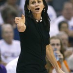 Phoenix Mercury head coach Sandy Brondello directs her team during the second half of Game 2 of the WNBA basketball finals against the Chicago Sky, Tuesday, Sept. 9, 2014, in Phoenix. (AP Photo/Matt York)