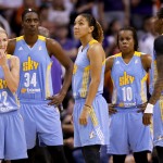From left: Chicago Sky's Courtney Vandersloot, Sylvia Fowles, Courtney Clements, Epiphanny Prince and Jessica Breland wait for the Mercury to take the court during the second half of Game 2 of the WNBA basketball finals, Tuesday, Sept. 9, 2014, in Phoenix. The Mercury won 97-68 to take a 2-0 series lead. (AP Photo/Matt York)