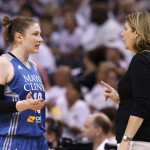 Minnesota Lynx's Lindsay Whalen, left, talks with coach Cheryl Reeve during the second half in Game 1 of the WNBA Western Conference finals against the Phoenix Mercury on Friday, Aug. 29, 2014, in Phoenix. The Mercury defeated the Lynx 85-71. (AP Photo/Ross D. Franklin)