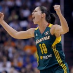 West's Sue Bird, of the Seattle Storm, celebrates a blocked shot during the second half the WNBA All-Star basketball game, Saturday, July 19, 2014, in Phoenix. The East won 125-124 in overtime. (AP Photo/Matt York)