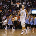 Phoenix Mercury forward Diana Taurasi reacts to a foul call against her during the second half of Game 2 of the WNBA basketball finals against the Chicago Sky, Tuesday, Sept. 9, 2014, in Phoenix. (AP Photo/Matt York)