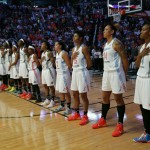 Eastern All Star players line up during the National Anthem prior to the WNBA All-Star basketball game, Saturday, July 19, 2014, in Phoenix. (AP Photo/Matt York)