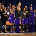 Phoenix Mercury players at the bench celebrate as the team wins the WNBA title with an 87-82 win over the Chicago Sky in Game 3 of the WNBA Finals basketball series, Friday, Sept. 12, 2014, in Chicago. (AP Photo/Kamil Krzaczynski)