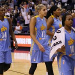 Chicago Sky players leave the court after Game 2 of the WNBA basketball finals against the Phoenix Mercury, Tuesday, Sept. 9, 2014, in Phoenix. The Mercury won 97-68 to take a 2-0 series lead. (AP Photo/Matt York)