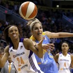 Chicago Sky's Elena Delle Donne, middle, battles Phoenix Mercury's DeWanna Bonner (24) for the ball as the Mercury's Candice Dupree (4) looks on in the first half during a WNBA basketball game on Monday, May 27, 2013, in Phoenix. (AP Photo/Ross D. Franklin)