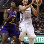 Phoenix Mercury's Diana Taurasi (3) gets past Los Angeles Sparks' Ebony Hoffman (16) for a shot during the first half in a WNBA basketball game on Friday, June 14, 2013, in Phoenix. (AP Photo/Ross D. Franklin)