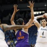 Minnesota Lynx forward Janel McCarville (4) lines up a pass against Phoenix Mercury forward Candice Dupree (4) in the first half of WNBA basketball game, Thursday, June 6, 2013, in Minneapolis. (AP Photo/Stacy Bengs)