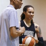 Phoenix Mercury rookie center Brittney Griner, right, shares a laugh with NBA Hall of Fame player and all-time leading scorer Kareem Abdul-Jabbar, after the two worked out at the Mercury's basketball practice court on Wednesday, May 15, 2013, in Phoenix. (AP Photo/Ross D. Franklin)