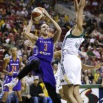 Phoenix Mercury's Diana Taurasi (3) shoots as Seattle Storm's Tina Thompson defends in the second half of a WNBA basketball game Thursday, Aug. 1, 2013, in Seattle. The Seattle Storm won 88-79. (AP Photo/Elaine Thompson)
