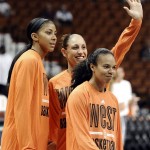 West players, from left, Candace Parker, of the Los Angeles Sparks, Diana Taurasi, of the Phoenix Mercury and Kristi Toliver, of the Sparks, look toward fans before the WNBA All-Star basketball game in Uncasville, Conn., Saturday, July 27, 2013. (AP Photo/Jessica Hill)
