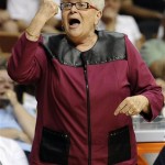 East coach Lin Dunn, of the Indiana Fever, gestures during the first half of the WNBA All-Star basketball game in Uncasville, Conn., Saturday, July 27, 2013. (AP Photo/Jessica Hill)
