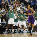 Minnesota Lynx cheer a 3-point basket during the second half of a WNBA basketball game against the Phoenix Mercury, Thursday, June 6, 2013, in Minneapolis. The Lynx won 99-79. (AP Photo/Stacy Bengs)