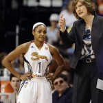 Connecticut Sun head coach Anne Donovan speaks with Connecticut Sun's Sydney Carter, left, during the first half of a WNBA basketball game in Uncasville, Conn., Saturday, June 29, 2013. (AP Photo/Jessica Hill)
