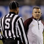 Arizona State head coach Todd Graham looks to side judge Clay Reynard after a Stanford touchdown during the first half of the NCAA Pac-12 Championship football game, Saturday, Dec. 7, 2013, in Tempe, Ariz. (AP Photo/Matt York)
