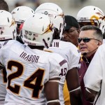Arizona State head coach Todd Graham, second from right, talks to his team during a timeout during the second half of an NCAA college football game against Southern California, Saturday, Nov. 10, 2012, in Los Angeles. Southern California won 38-17. (AP Photo/Bret Hartman)