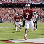 Stanford wide receiver Ty Montgomery (7) runs into the end zone with a touchdown reception against Arizona State during the first half of an NCAA college football game on Saturday, Sept. 21, 2013, in Stanford, Calif. (AP Photo/Marcio Jose Sanchez)
