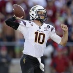 Arizona State quarterback Taylor Kelly throws against Stanford during the second half of an NCAA college football game Saturday, Sept. 21, 2013, in Stanford, Calif. (AP Photo/Marcio Jose Sanchez)
