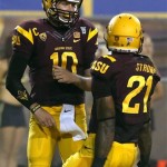 Arizona State's Jaelen Strong (21) celebrates his touchdown catch with quarterback Taylor Kelly (10) during the first half of an NCAA college football game against the Sacramento State on Thursday, Sept. 5, 2013, in Tempe, Ariz. (AP Photo/Ross D. Franklin)