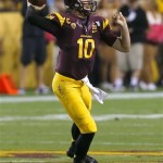 Arizona State's Taylor Kelly throws the ball against Colorado during the first half of an NCAA college football game on Saturday Oct. 12, 2013, in Tempe, Ariz. (AP Photo/Ross D. Franklin)