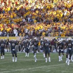 Arizona State players take the field during the final minute of the second half of an NCAA college football game against Notre Dame, Saturday, Nov. 8, 2014, in Tempe, Ariz. Arizona State won 55-31. (AP Photo/Matt York)
