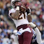 Arizona State's Jaelen Strong, top, makes a catch on a long pass against Duke during the first quarter of the Sun Bowl NCAA college football game, Saturday, Dec. 27, 2014, in El Paso, Texas. (AP Photo/Victor Calzada)