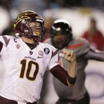 Arizona State quarterback Taylor Kelly (10) throws a pass while playing Texas Tech in the second half during the Holiday Bowl NCAA college football game Monday, Dec. 30, 2013, in San Diego. (AP Photo/Gregory Bull)