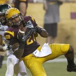 Arizona State's Jaelen Strong, right, makes a diving touchdown catch in front of Sacramento State's Joshua Armstrong during the first half in an NCAA college football game on Thursday, Sept. 5, 2013, in Tempe, Ariz. (AP Photo/Ross D. Franklin)