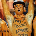 An Oregon State fan shows his vote for President of the United States would be Oregon State football coach Mike Riley during the first half of their NCAA college football game against Arizona State in Corvallis, Ore., Saturday, Nov. 3, 2012.(AP Photo/Don Ryan)