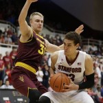 Stanford forward Dwight Powell, right, goes to the basket against Arizona State forward Jonathan Gilling, left, during the second half of their NCAA college basketball game Saturday, Feb. 1, 2014, in Stanford, Calif. Stanford won the game 76-70. (AP Photo/Eric Risberg)