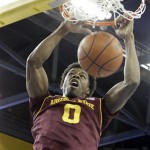Arizona State guard/forward Carrick Felix (0) slam dunks against UCLA in the first half of an NCAA college basketball game in Los Angeles Wednesday, Feb. 27, 2013. (AP Photo/Reed Saxon)