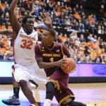 Arizona State's Jahii Carson (1) drives against Oregon State's Jarmal Reid (32) during the first half of an NCAA college basketball game in Corvallis, Ore., Thursday Jan. 10, 2013. (AP Photo/Greg Wahl-Stephens)