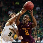 Baylor's Brady Heslip, left, reaches in on Arizona State Chris Colvin, right, during the first half of an NIT second-round college basketball game in Waco, Texas, Friday, March, 22, 2013. (AP Photo/Waco Tribune Herald, Rod Aydelotte)