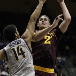 Arizona State's Eric Jacobsen shoots as California's Christian Behrens (14) defends during the first half of an NCAA college basketball game, Wednesday, Jan. 29, 2014, in Berkeley, Calif. (AP Photo/George Nikitin)