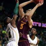 Arizona State Jordan Bachynski, front right, shoots over Baylor's Gary Franklin, left, during the first half of an NIT second-round college basketball game in Waco, Texas, Friday, March, 22, 2013. (AP Photo/Waco Tribune Herald, Rod Aydelotte)