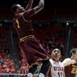 Arizona State's Jahii Carson (1) shoots as Utah's Brandon Taylor (11) watches in the first half during an NCAA college basketball game Wednesday, Feb. 13, 2013, in Salt Lake City. (AP Photo/Rick Bowmer)