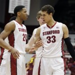 Stanford forward Dwight Powell, right, is greeted by teammate Anthony Brown, left, after scoring during the first half of their NCAA college basketball game against the Arizona State Saturday, Feb. 1, 2014, in Stanford, Calif. Stanford won the game 76-70 and Powell scored 28 points. (AP Photo/Eric Risberg)