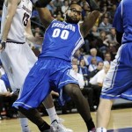Creighton's Gregory Echenique (00) grabs a rebound during the first half of an NCAA college basketball game against Arizona State at the Continental Tire Las Vegas Invitational tournament on Saturday, Nov. 24, 2012, in Las Vegas. (AP Photo/David Becker)
