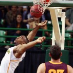 Baylor's Rico Gathers, left, scores over Arizona State Ruslan Pateev (23) during the first half of an NIT second-round college basketball game in Waco, Texas, Friday, March, 22, 2013. (AP Photo/Waco Tribune Herald, Rod Aydelotte)