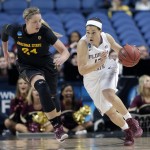 Arizona State's Kelsey Moos (24) chases Florida State's Brittany Brown during the first half of a women's college basketball regional semifinal game in the NCAA Tournament Greensboro, N.C., Friday, March 27, 2015. (AP Photo/Gerry Broome)