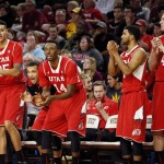 The Utah bench cheers during the second half of an NCAA college basketball game against Arizona State, Thursday, Jan. 15, 2015, in Tempe, Ariz. (AP Photo/Matt York)