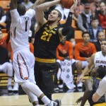 Arizona State's Eric Jacobsen (21) shoots against Oregon State's Gary Payton II (1) during an NCAA college basketball game in Corvallis, Ore., Thursday Jan. 8, 2015. (AP Photo/Greg Wahl-Stephens)