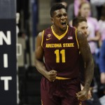 Arizona State's Savon Goodman reacts in the second half of an NCAA college basketball game against Connecticut in the first round of the NIT postseason tournament, Wednesday, March 18, 2015, in Storrs, Conn. Arizona State won 68-61. (AP Photo/Jessica Hill)