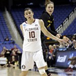 Florida State's Leticia Romero (10) and Arizona State's Katie Hempen keep an eye on the ball during the second half of a women's college basketball regional semifinal game in the NCAA Tournament Greensboro, N.C., Friday, March 27, 2015. Florida State won 66-65. (AP Photo/Gerry Broome)