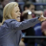 Florida State head coach Sue Semrau directs her team against Arizona State in the first half of a women's college basketball regional semifinal game in the NCAA Tournament in Greensboro, N.C., Friday, March 27, 2015. (AP Photo/Chuck Burton)