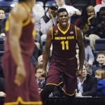Arizona State's Savon Goodman reacts in the first half of an NCAA college basketball game against Connecticut in the first round of the NIT postseason tournament, Wednesday, March 18, 2015, in Storrs, Conn. (AP Photo/Jessica Hill)