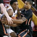 Arizona State's Shaquielle McKissic, left, and Oregon State's Gary Payton II vie for a rebound during the second half of an NCAA college basketball game, Wednesday, Jan. 28, 2015, in Tempe, Ariz. Arizona State defeated Oregon State 73-55. (AP Photo/Ralph Freso)
