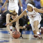 Florida State's Emiah Bingley (3) and Arizona State's Eliza Normen (43) chase a loose ball in the second half of a women's college basketball regional semifinal game in the NCAA Tournament in Greensboro, N.C., Friday, March 27, 2015. Florida State won 66-65. (AP Photo/Chuck Burton)