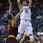 Maryland forward Michal Cekovsky (15) goes up for a shot against Arizona State's Eric Jacobsen (21) in the first half of the CBE Hall of Fame Classic college baseball game Monday, Nov. 24, 2014, in Kansas City, Mo. (AP Photo/Ed Zurga)